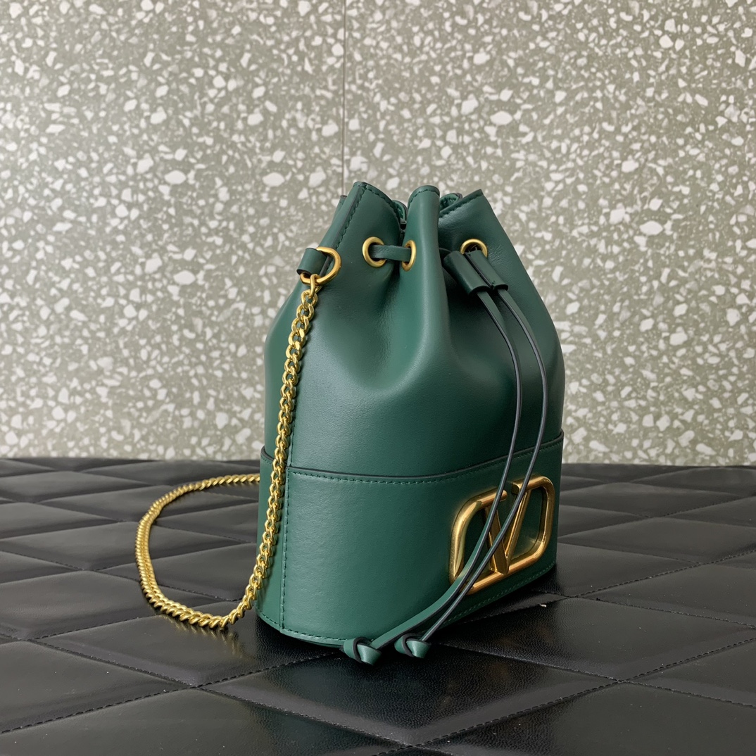 Valentino Garavani VLogo Signature Mini Bucket Bag in Dark Green Nappa Leather 